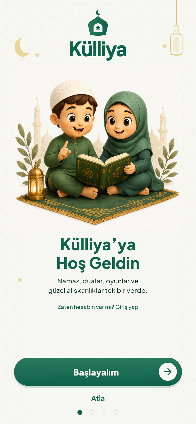 Külliya uygulamasında iki çocuğun birlikte kitap okuduğu karşılama ekranı
